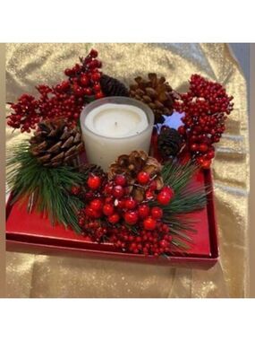 Holiday Centerpiece with votive candle - Greenery, Pinecones, Berries, Ring